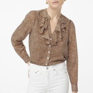 J.Crew Ruffle-Neck Spotted/Dot Blouse - Brown & White - Lined - Size XL